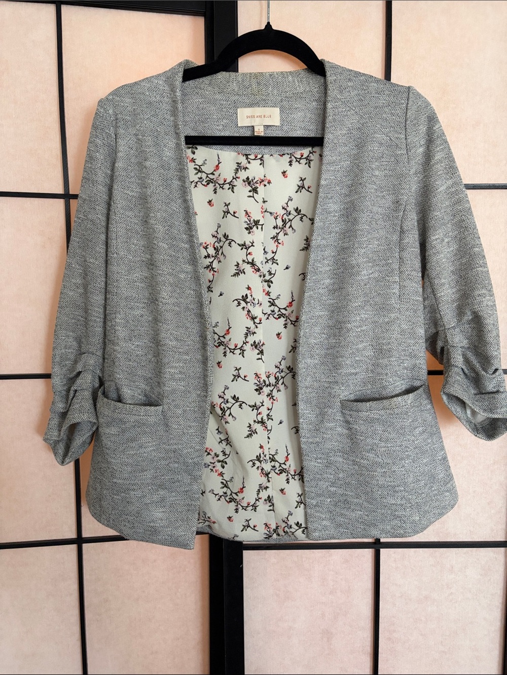 Skies Are Blue Grey Open Cardigan with Floral Trim